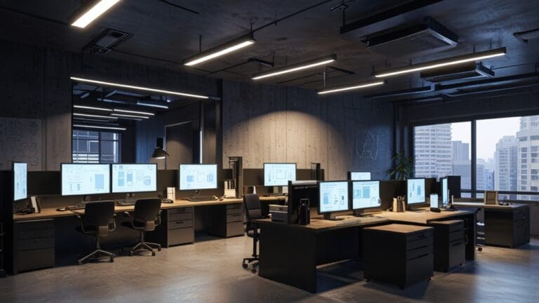 Oficinas modernas con computadores y pizarras digitales, ambiente de innovación tecnológica