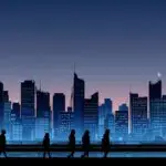 Silueta de una ciudad con edificios tecnológicos modernos al amanecer