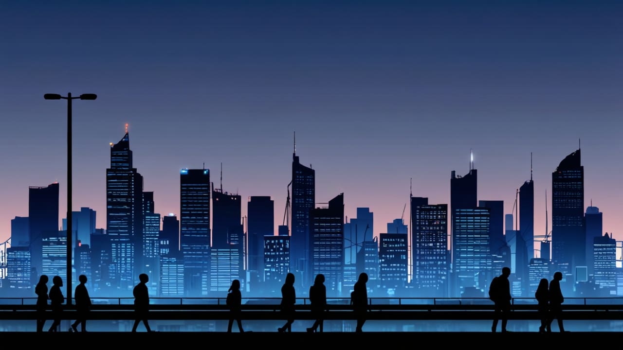 Silueta de una ciudad con edificios tecnológicos modernos al amanecer