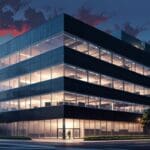 Edificio moderno de una aceleradora de startups tecnológicas al anochecer