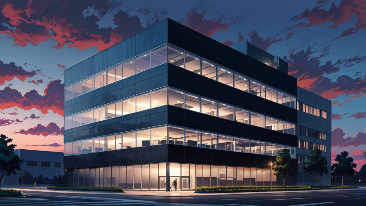 Edificio moderno de una aceleradora de startups tecnológicas al anochecer