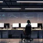 Interior de una moderna oficina de startup tecnológica con computadoras y gráficos de crecimiento en pantallas.