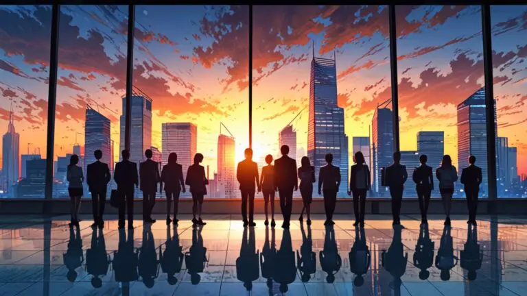 Reunión corporativa en un entorno moderno con fondo de ciudad al amanecer