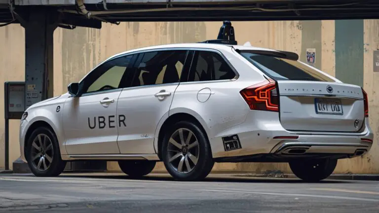 Un auto de Uber en una ciudad moderna con pantallas publicitarias encendidas en el interior.