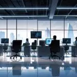 Oficinas modernas con equipos tecnológicos y pantallas digitales activas