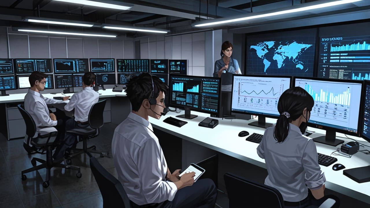 Oficina moderna con equipos tecnológicos de última generación y pantallas mostrando gráficos de datos