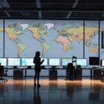 Oficinas modernas de una startup tecnológica con pantallas mostrando mapas logísticos y datos en tiempo real.