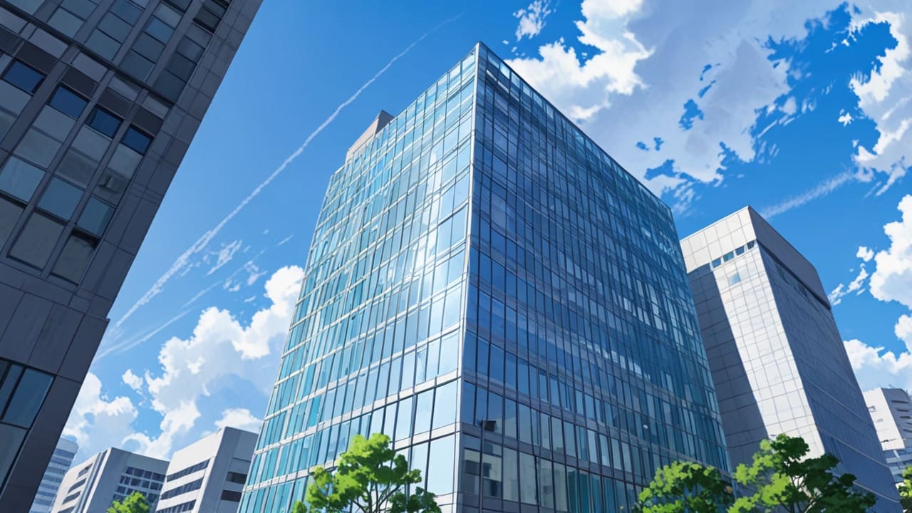 Edificio moderno de oficinas en un distrito financiero urbano con cielo despejado.