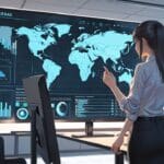 Oficina moderna con pantallas mostrando datos y mapas de inteligencia artificial