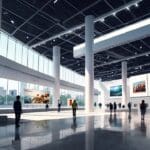 Vista del pabellón de exposiciones en un gran centro de convenciones moderno