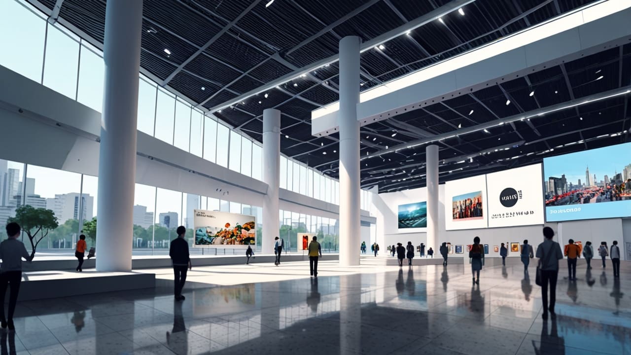 Vista del pabellón de exposiciones en un gran centro de convenciones moderno