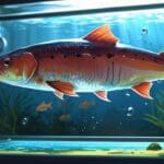 Salmones nadando en un criadero acuático sustentable rodeado de tecnología avanzada.