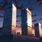Edificios corporativos modernos al atardecer con un enfoque en el desarrollo económico regional