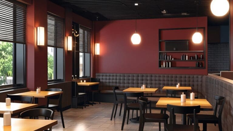 Interior de un moderno restaurante con tecnología avanzada y pantallas digitales.