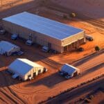 Vista aérea de instalaciones modernas de una startup tecnológica en el desierto de Sonora al atardecer.