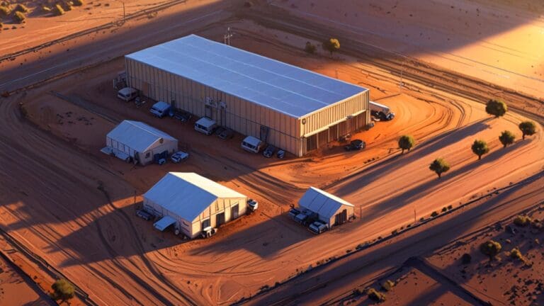 Vista aérea de instalaciones modernas de una startup tecnológica en el desierto de Sonora al atardecer.