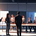 Grupo de empresarios y emprendedores discutiendo en un moderno centro de convenciones con pantallas digitales.