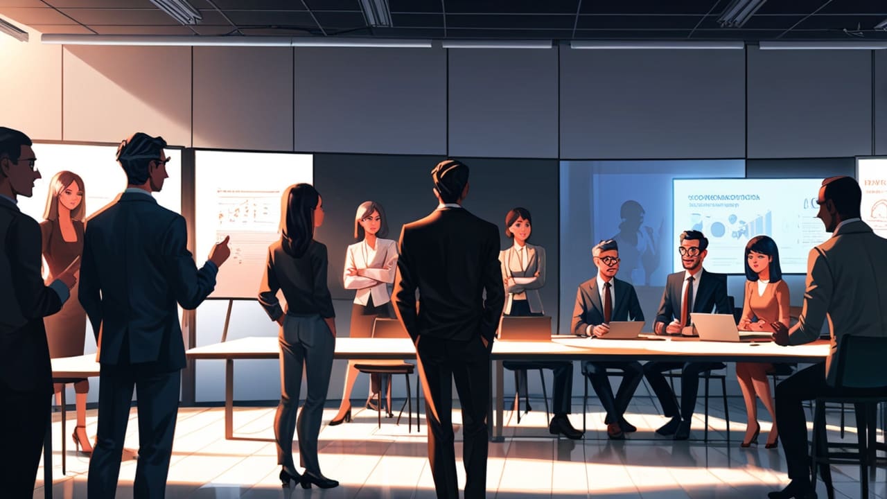 Grupo de empresarios y emprendedores discutiendo en un moderno centro de convenciones con pantallas digitales.