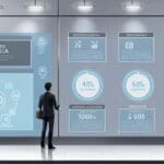 Representación conceptual de adquisición corporativa en el sector tecnológico con gráficos digitales