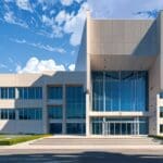 Exterior de una moderna universidad en Castilla y León con cielo despejado