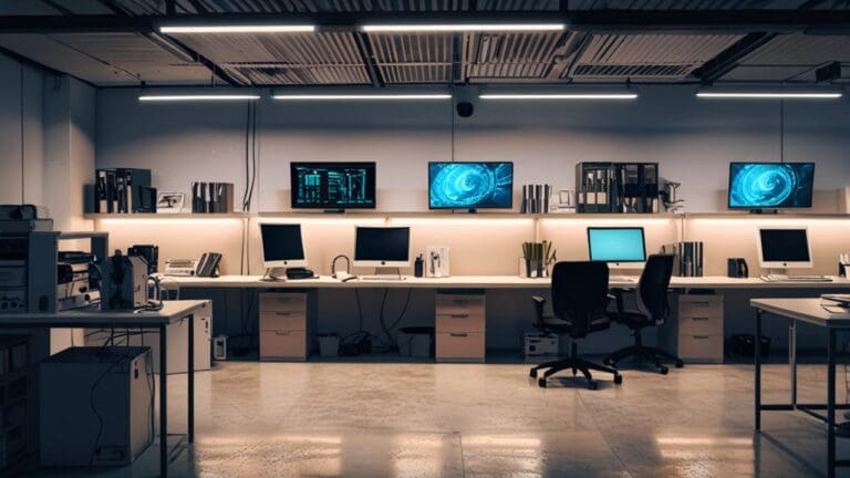 Oficina moderna con computadoras y gadgets tecnológicos sobre escritorios ordenados