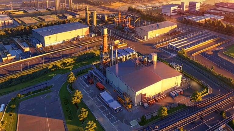 Vista aérea de un parque industrial con edificios tecnológicos al atardecer