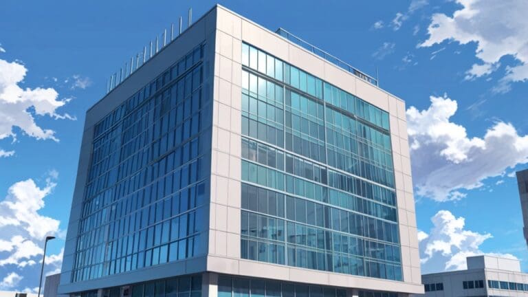Edificio moderno de una clínica tecnológica con un cielo despejado