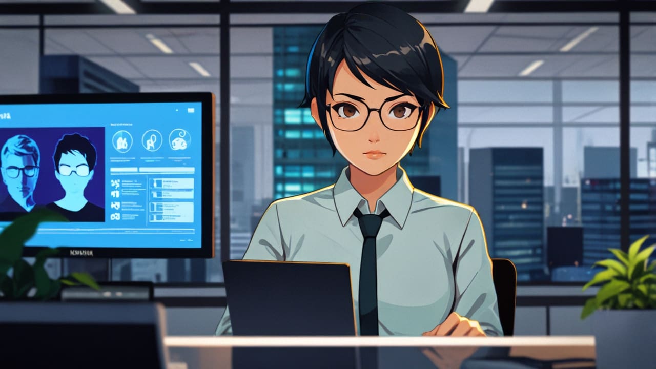 Persona usando férula innovadora en una oficina moderna, observando una pantalla digital.