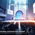 Vista panorámica de un moderno centro de innovación con branding de evento tecnológico.