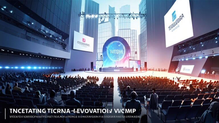 Vista panorámica de un moderno centro de innovación con branding de evento tecnológico.