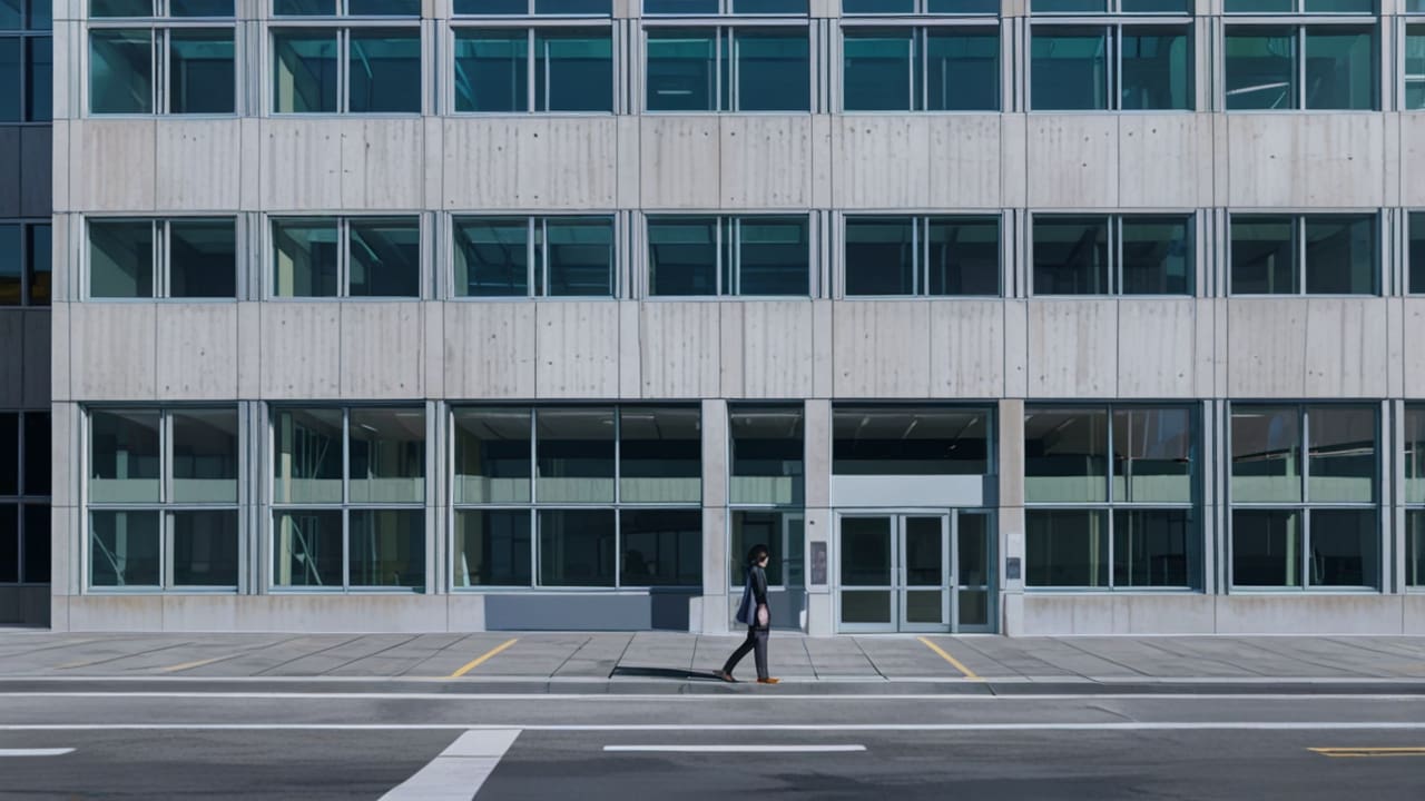 Vista moderna de un edificio de oficinas tecnológicas con pantallas digitales en el exterior