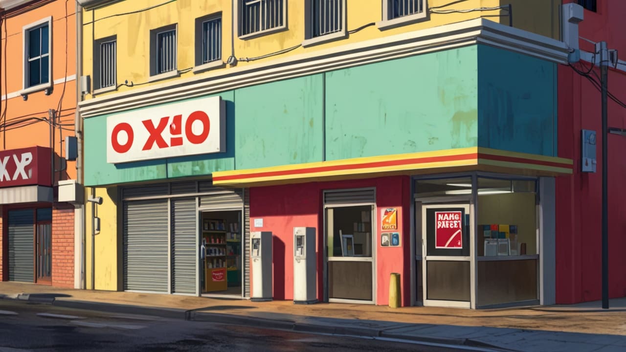 Fachada moderna de una tienda Oxxo en un concurrido barrio urbano estadounidense durante la tarde