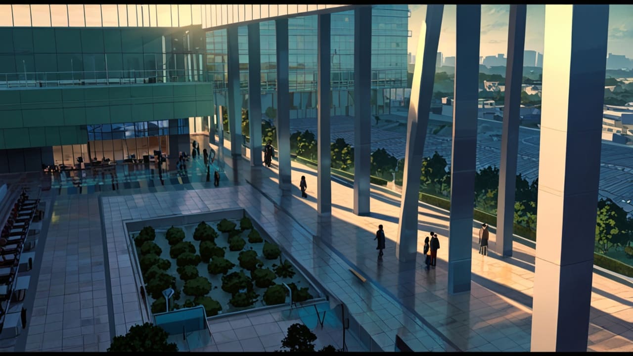 Vista aérea de un centro de convenciones moderno rodeado de áreas verdes al atardecer