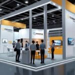 Vista interior de una feria de tecnología con stands de empresas innovadoras en construcción