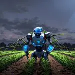 Robot agrícola inspirado en ciempiés avanzando entre plantas en un campo cultivado bajo un cielo despejado