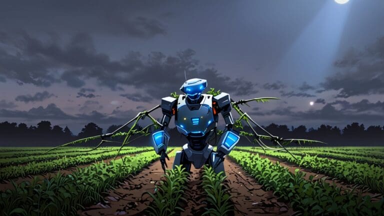 Robot agrícola inspirado en ciempiés avanzando entre plantas en un campo cultivado bajo un cielo despejado
