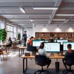 Interior de un coworking moderno con emprendedores trabajando en computadoras portátiles