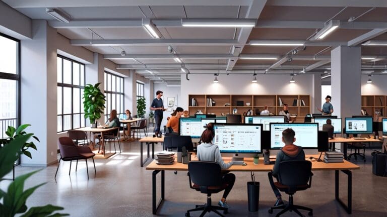 Interior de un coworking moderno con emprendedores trabajando en computadoras portátiles