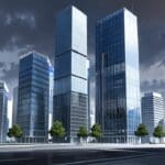 Edificios modernos de una ciudad con un enfoque en la innovación tecnológica.