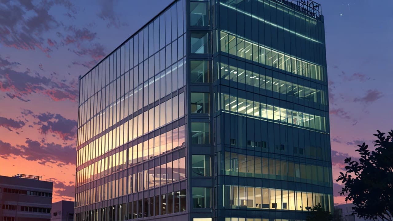Edificio moderno de oficinas al anochecer con luces encendidas reflejando tecnología avanzada.