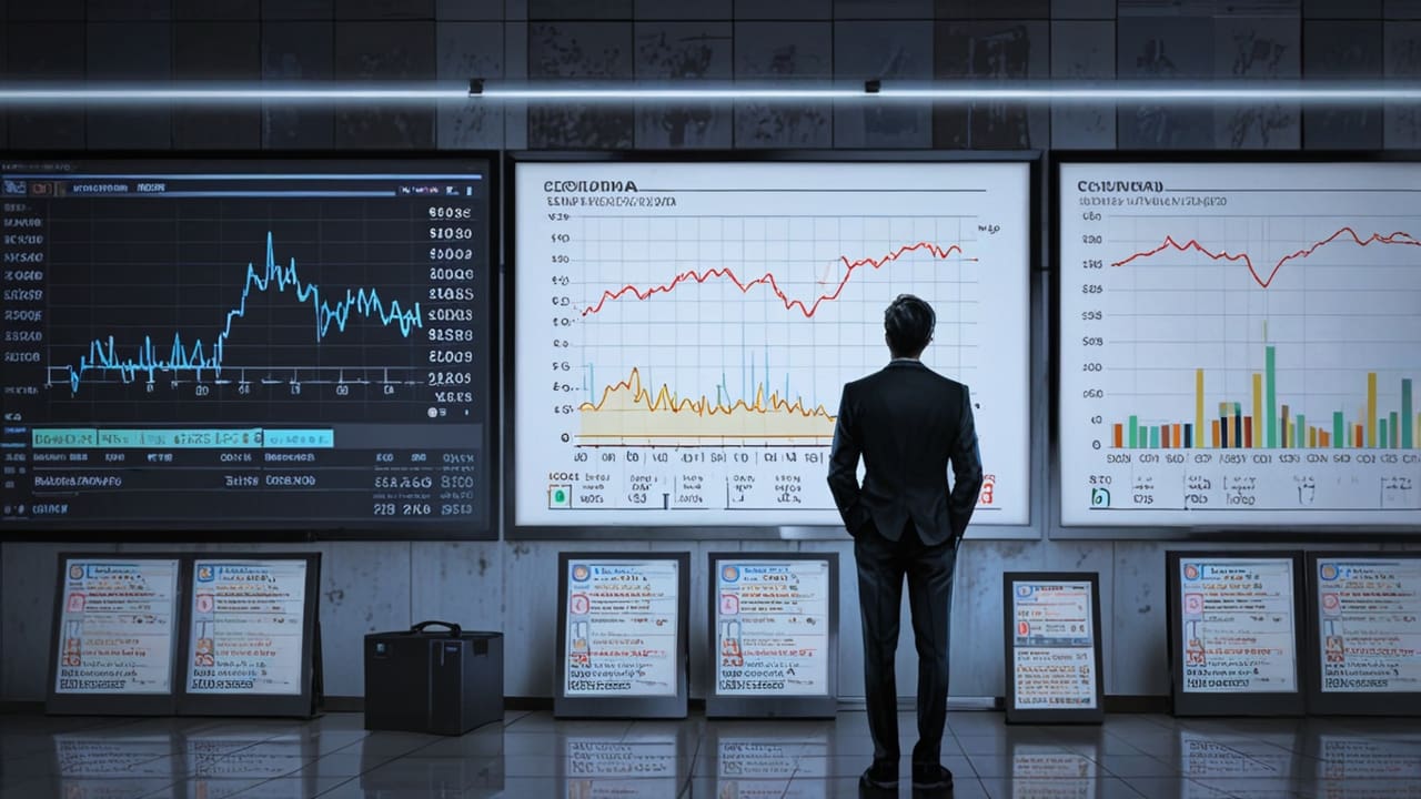 Oficina moderna con gráficos digitales y símbolos financieros en pantallas sobre escritorios limpios.