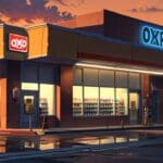 Panorámica de tiendas de conveniencia Oxxo en un entorno urbano de Estados Unidos al amanecer