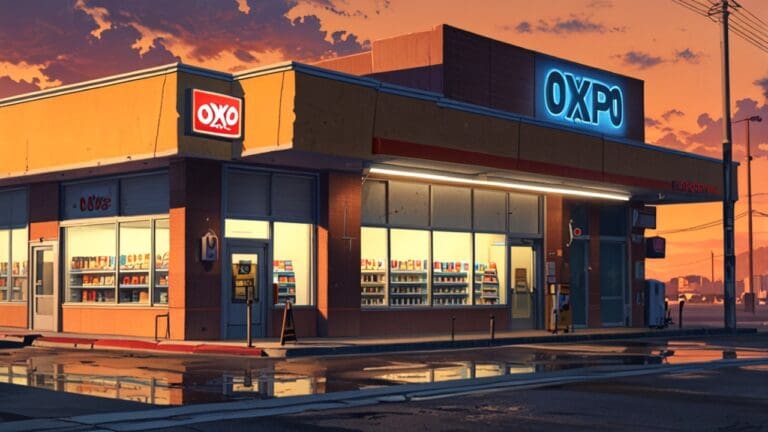 Panorámica de tiendas de conveniencia Oxxo en un entorno urbano de Estados Unidos al amanecer
