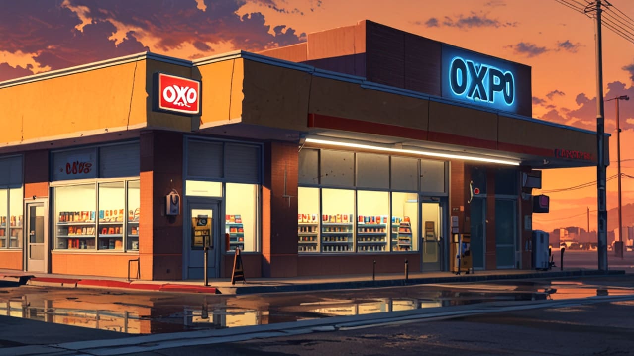 Panorámica de tiendas de conveniencia Oxxo en un entorno urbano de Estados Unidos al amanecer