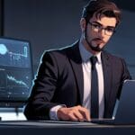 Representación digital de un empresario mostrando una presentación sostenible en su laptop