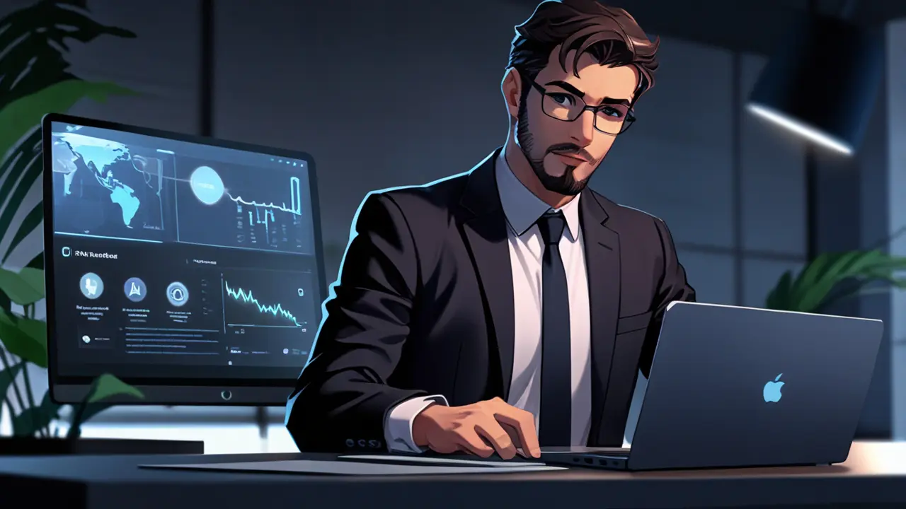 Representación digital de un empresario mostrando una presentación sostenible en su laptop