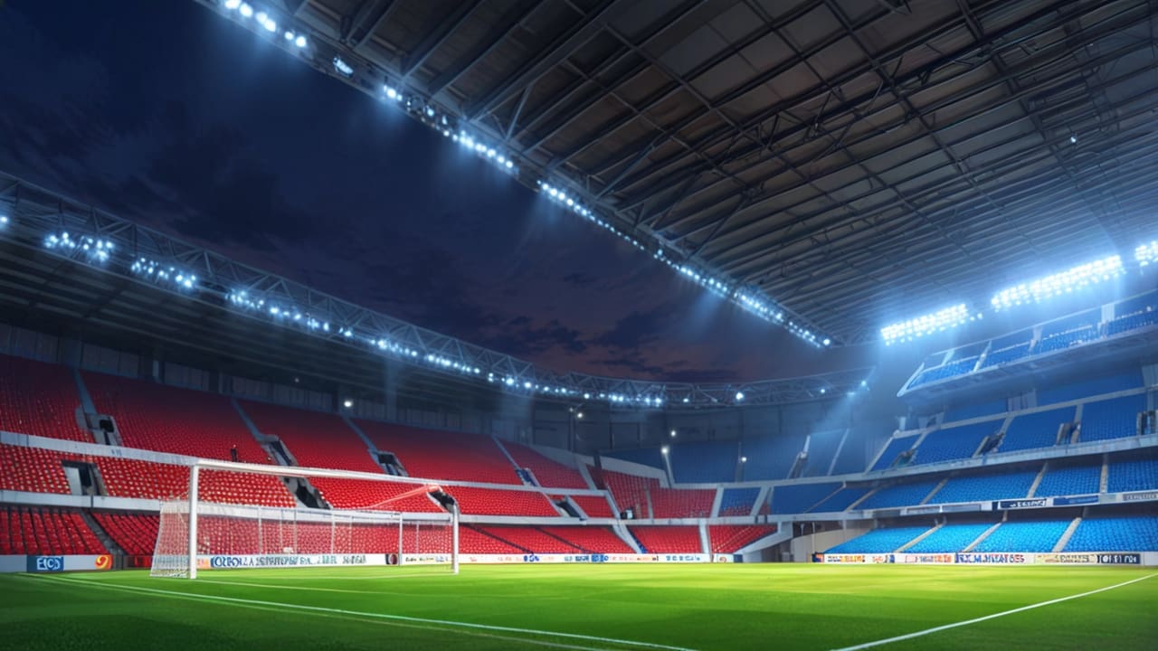 Plano general de un estadio moderno con áreas de estacionamiento bien diseñadas al atardecer