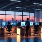 Oficina moderna con computadoras y tecnología avanzada al amanecer