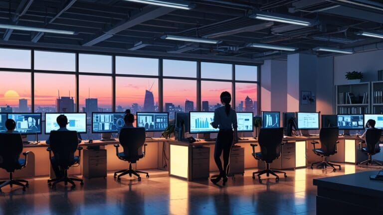 Oficina moderna con computadoras y tecnología avanzada al amanecer