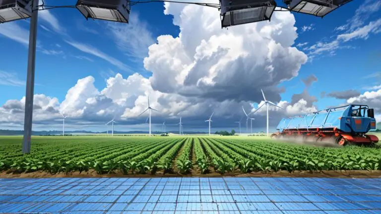 Campo agrícola con sistema tecnológico de monitoreo bajo cielo despejado.